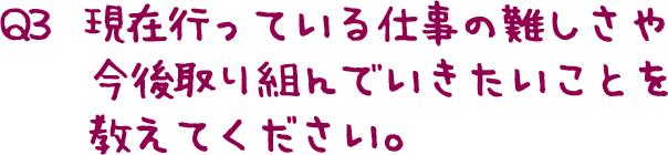 Q3  現在行っている仕事の難しさや今後 取り組んでいきたいことを教えてください。 
